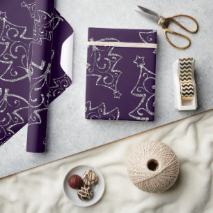 Elegant Purple and Silver Glitter Christmas Tree Wrapping Paper