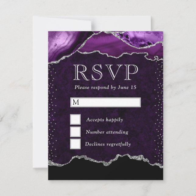 Elegant Purple and Silver Glitter Marble Agate RSVP Card (Front)