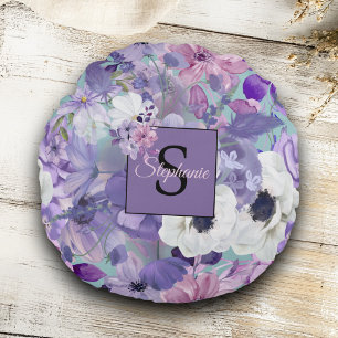 Elegant Purple And Violet Wildflowers And Monogram Round Pillow