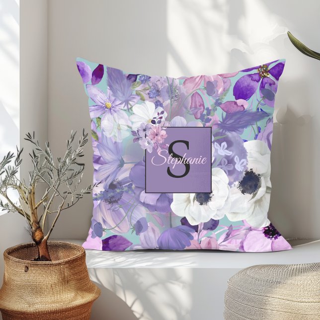 Elegant Purple And Violet Wildflowers And Monogram Throw Pillow (Creator Uploaded)
