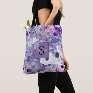 Elegant Purple And Violet Wildflowers And Monogram Tote Bag