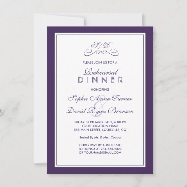 Elegant Purple and White Border REHEARSAL DINNER I Invitation (Front)