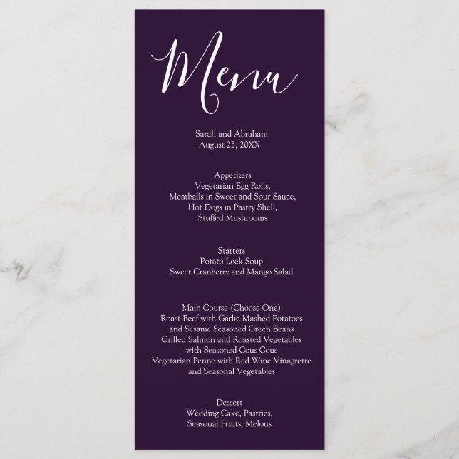 Elegant Purple and White Chic Wedding Menu (Front)