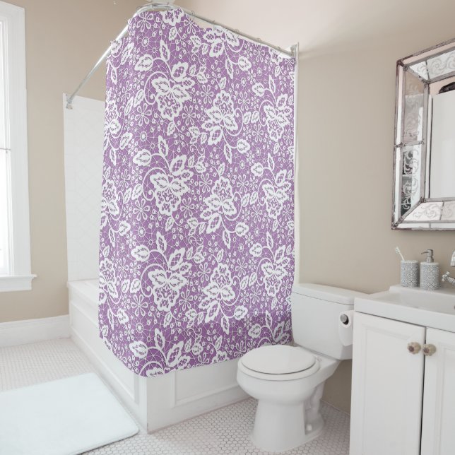 ELEGANT PURPLE AND WHITE LACE SHOWER CURTAIN (In Situ)