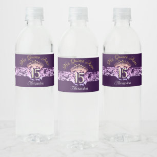 Elegant Purple andGold Quinceañera Spanish  Water Bottle Label