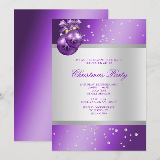 Elegant Purple Baubles & Pearls Christmas Invitation (Front/Back)