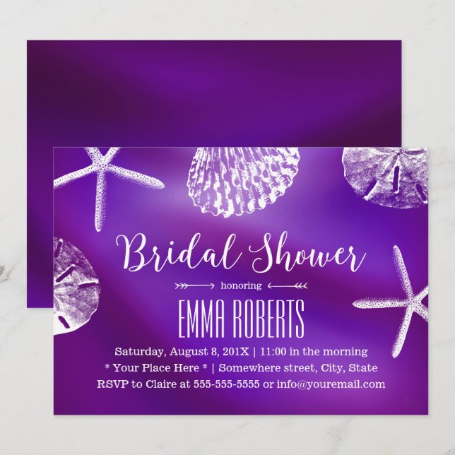 Elegant Purple Beach Wedding Bridal Shower Invitation (Front/Back)