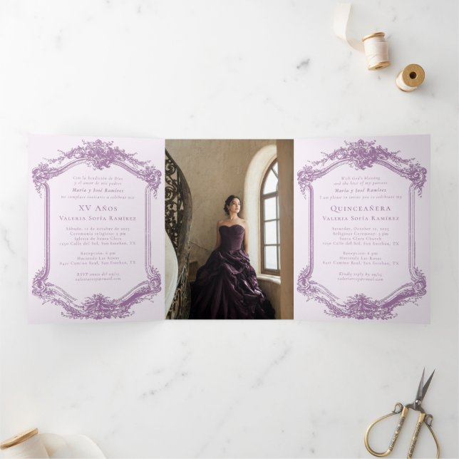 Elegant Purple Bilingual Quinceañera 15th Birthday Tri-Fold Invitation (Inside)