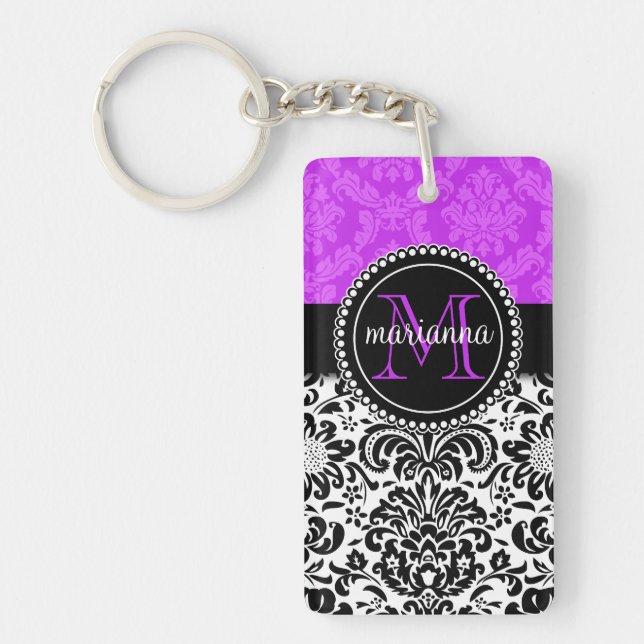 Elegant Purple Black Damask Personalized Keychain (Front)