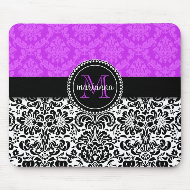 Elegant Purple Black Damask Personalized Mouse Pad (Front)