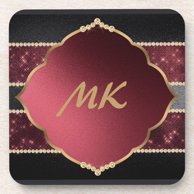 Elegant Purple & Black Diamond Border Monogrammed Coaster (Front)