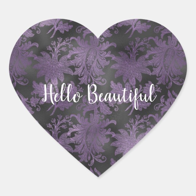 Elegant Purple Black Floral Heart Sticker (Front)