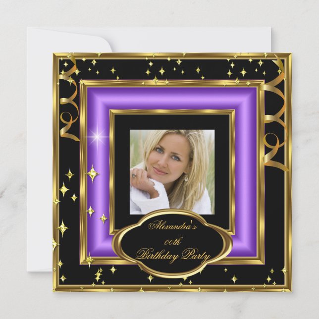 Elegant Purple Black Gold Photo Birthday Party 2 Invitation (Front)
