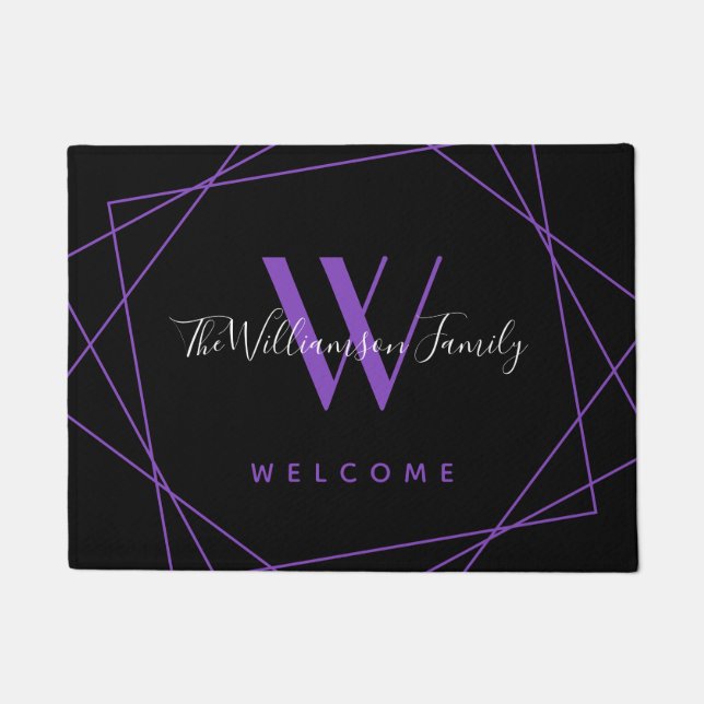 Elegant Purple Black Monogram Family Name Script Doormat (Front)