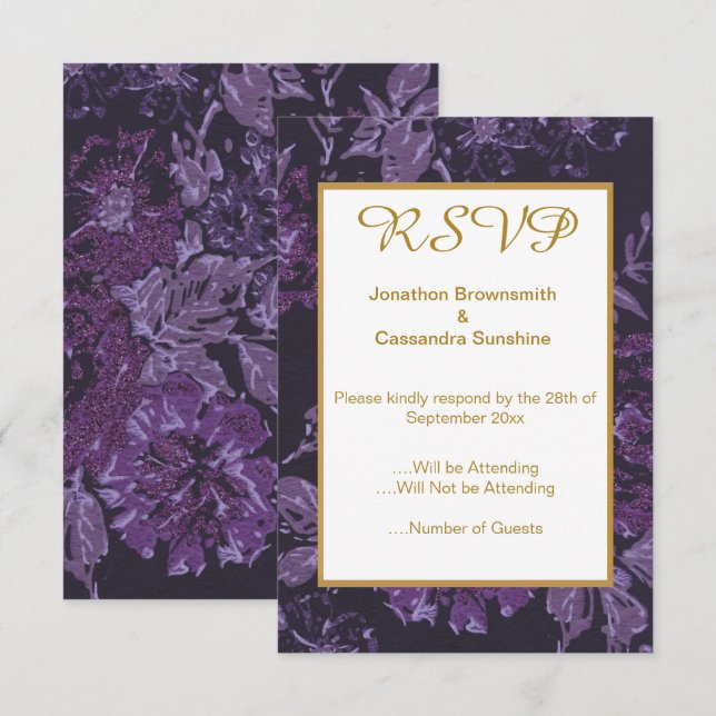 ELEGANT PURPLE BLACK  VINTAGE FLORAL RSVP INVITATION (Front/Back)