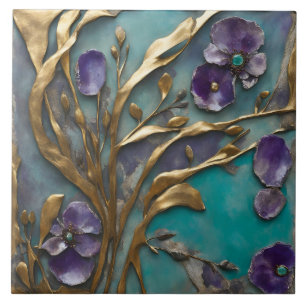 Elegant Purple Blossom Art on Gold Metallic Branch Tile