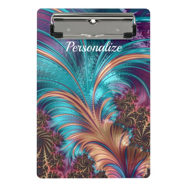 Elegant Purple Blue Abstract Feather Personalized Mini Clipboard (Front)