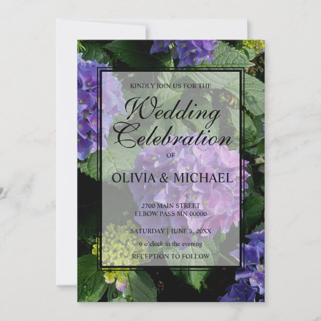 Elegant purple blue floral hydrangea Wedding Invitation (Front)