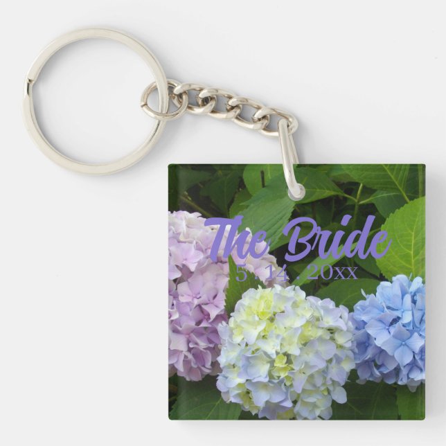elegant purple blue florals hydrangeas the Bride Keychain (Front)