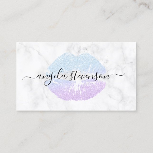 Elegant purple & blue glitter lips white marble business card (Front)