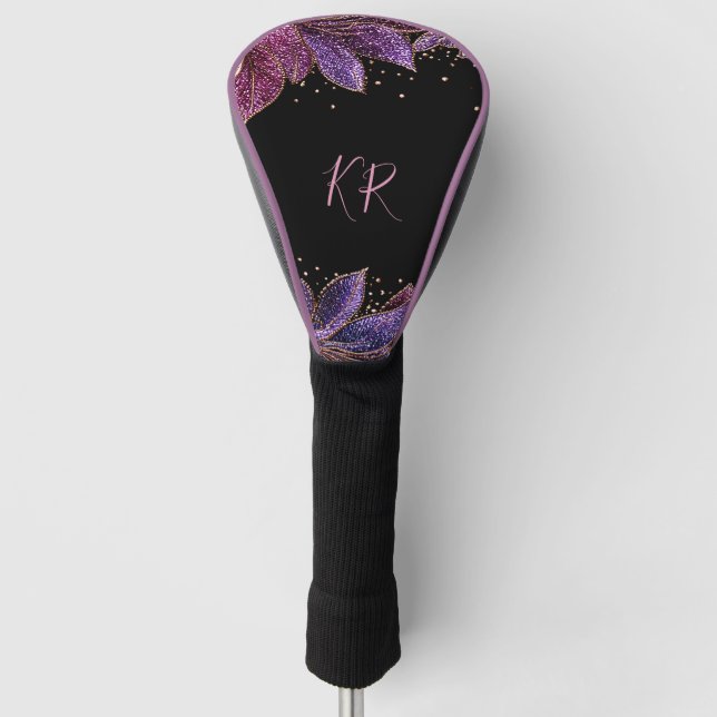 Elegant Purple Blue Gold Leaf Monogram Initials Golf Head Cover (Front)