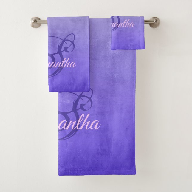 Elegant Purple Blue Grey rustic monogram Bath Towel Set (Insitu)