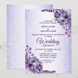 Elegant Purple Blue Pink Floral Glitter Wedding Invitation