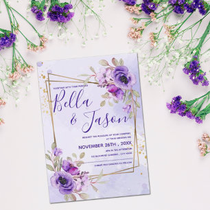 Elegant Purple Blue Watercolor Floral  Wedding Invitation