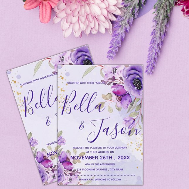 Elegant Purple Blue Watercolor Floral  Wedding Invitation (Creator Uploaded)