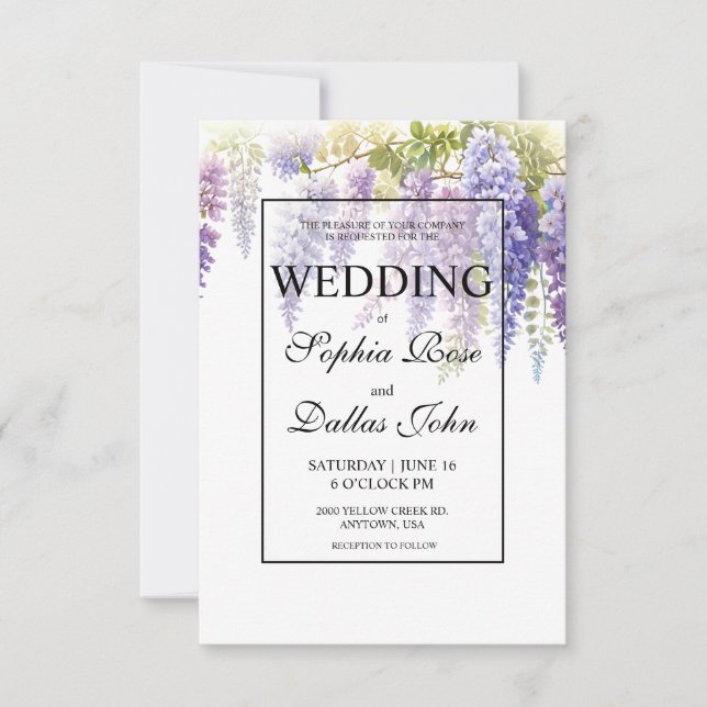 Elegant purple blue watercolor wisteria wedding invitation (Front)