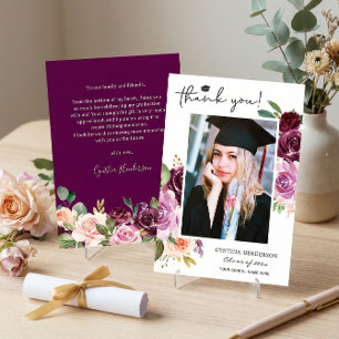 Elegant Purple Blush Floral Graduation Photo Thank You Card
