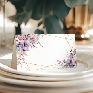 Elegant Purple & Blush Rose Flowers Wedding Place Card