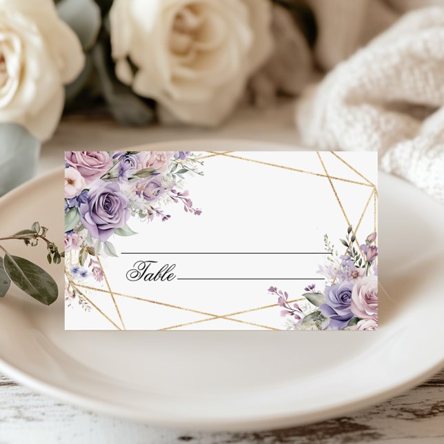 Elegant Purple & Blush Rose Flowers Wedding  Place Card (Creator Uploaded)
