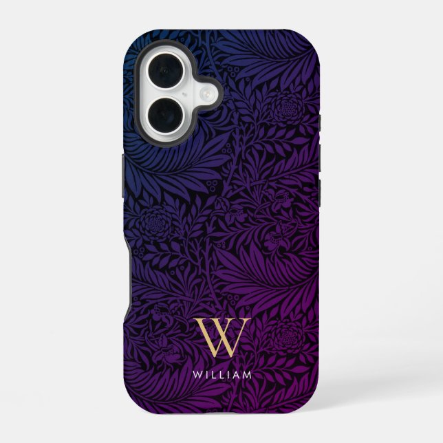 Elegant Purple Boho Botanical Pattern Monogram iPhone 16 Case (Back)