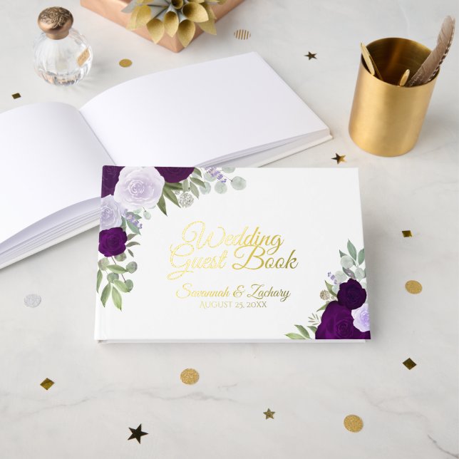 Elegant Purple Boho Chic Roses Small Wedding Guest Book (Front Open)