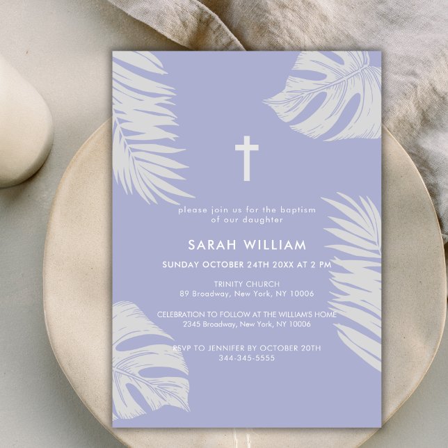 Elegant Purple Boho Leaves Cross Baptism  Invitation (Elegant Purple Boho Leave Gold Cross Baptism Invitation)