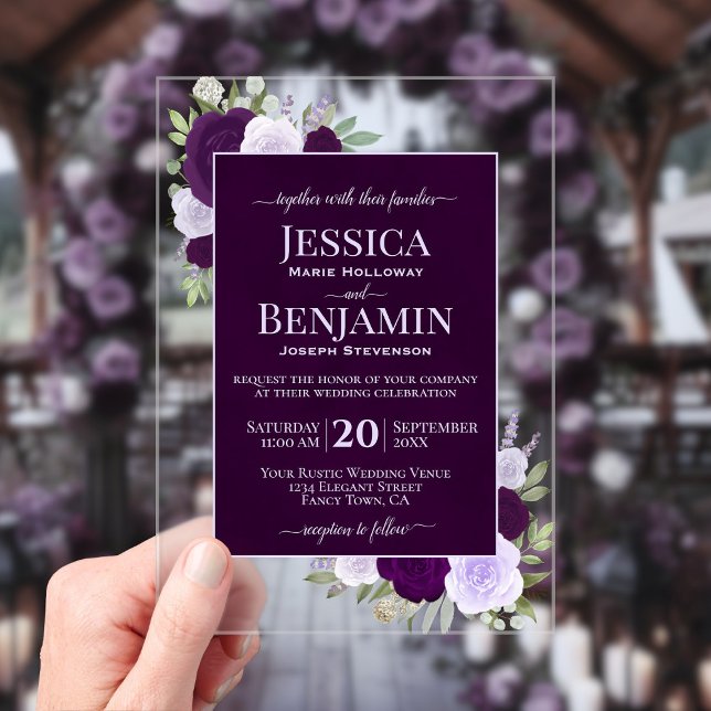 Elegant Purple Boho Roses Stylish Text Wedding Acrylic Invitations (Clear Acrylic with Rectangle Cut)