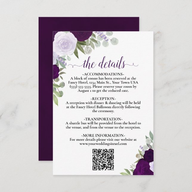 Elegant Purple Boho Roses Wedding Details QR Code Enclosure Card (Front/Back)