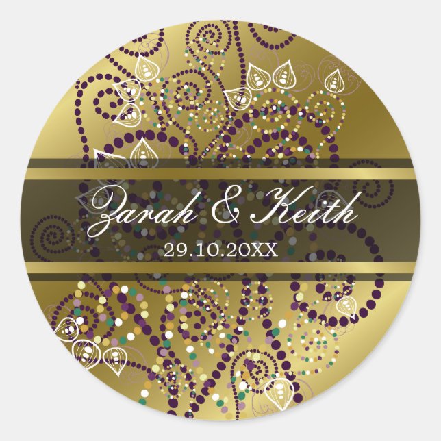 Elegant Purple Boho Spirals Gold Wedding Stickers (Front)