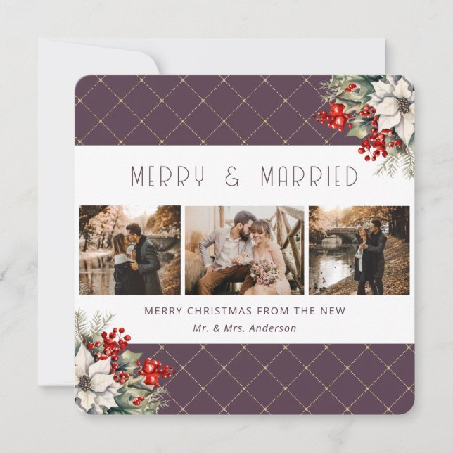 Elegant Purple Botanical Newlywed Holiday Card (Front)
