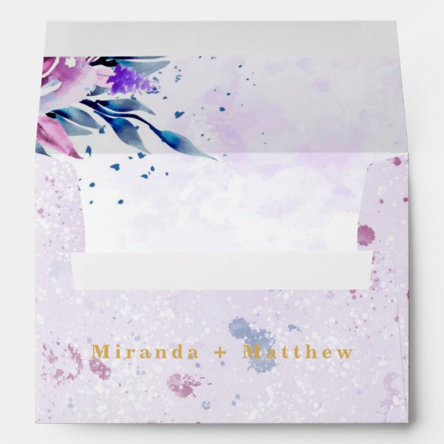 Elegant Purple Botanical Peony Gold Wedding Envelope (Back (Bottom))