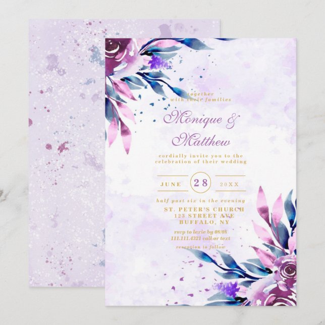 Elegant Purple Botanical Peony Gold Wedding Invitation (Front/Back)