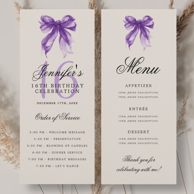 Elegant Purple Bow 16th Birthday Program Menu (Elegant Purple Bow 16th Birthday Program Menu)