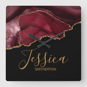 Elegant Purple Burgundy Gold Marble Agate Name Square Wall Clock
