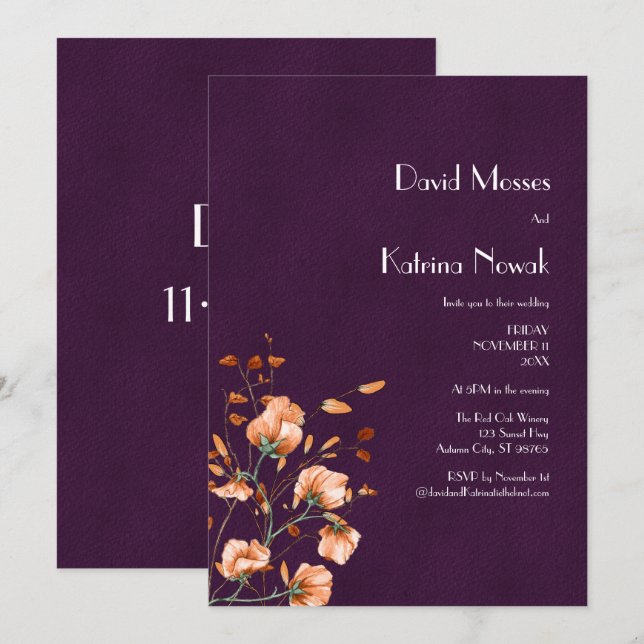 Elegant Purple Burnt Orange Florals Fall Wedding Invitation (Front/Back)