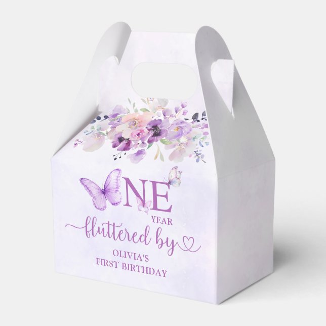 Elegant Purple Butterfly 1st Birthday Party Favor Box (Front Side)