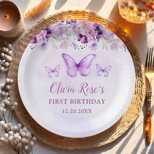 Elegant Purple Butterfly 1st Birthday Party Paper Plate
