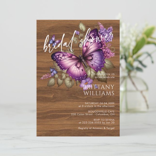 Elegant Purple Butterfly Bridal Shower Invitation (Standing Front)