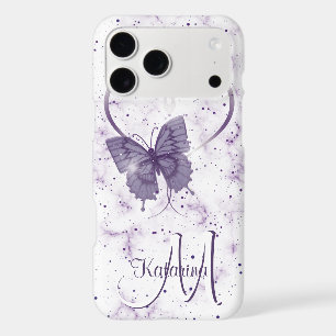 Elegant Purple Butterfly, Heart & Marble Monogram