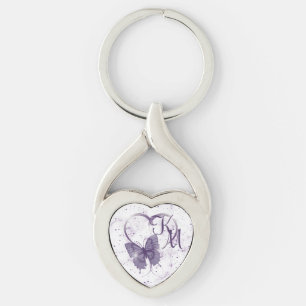 Elegant Purple Butterfly, Heart & Marble Monogram  Keychain